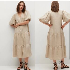 Mango Tan 100% linen Tiered Puff Sleeve Button Up Maxi Sun Dress